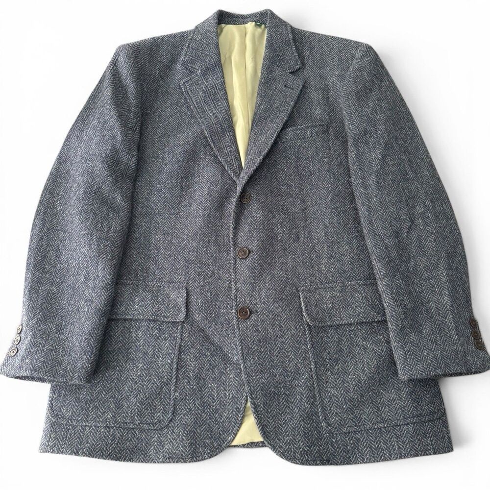 Orvis Herringbone Blazer Men 42L Blue Gray Tweed 100% Wool Sport Coat Portugal